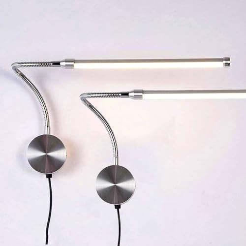 LED Schwanenhals Lampe mit Schalter Modern Schlafzimmer Nachttischlampe Silber 360° Einstellbar Leselampe Wandlampe Innen Wandbeleuchtung mit 190cm Kabel Stecker Kinderzimmer (Warms Licht,2 Stück)