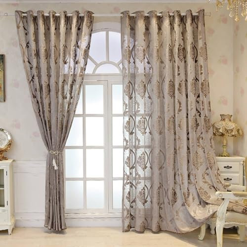 Wycian Vorhangschiene Gardinen 2er Set Braun Voile Blumenmuster H214 x B132 cm (2er Pack) Garne Gardienen