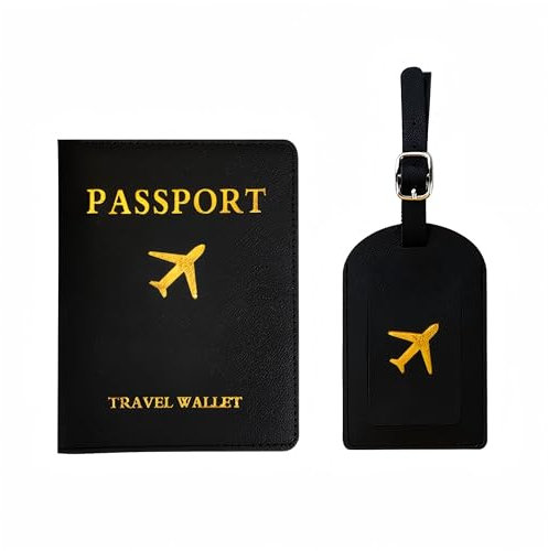 Bitcoraje Reisepass Hülle, Reisepasshülle und Kofferanhänger Set, PU Leather Passport Cover Schutzhülle Tasche für Kreditkarten Reisepass, Ausweis und Reisedokumente, Reisezubehör/Cardholder, Schwarz