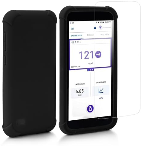 Omnipod 5 PDM Screen Protector with Silicone Case - HD Tempered Glass Film Anti-Fingerprint, Scratch-Resistant, Anti-Drop Protective Omnipod 5 Receiver PDM Case by YOUSHARES (Black)