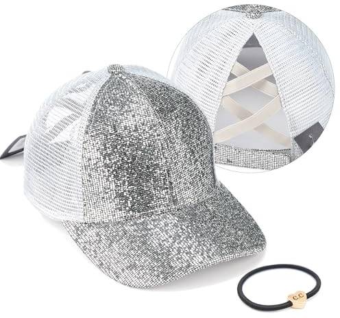 C.C Exclusives Washed Distressed Cotton Denim Criss-Cross Ponytail Hat Baseball Cap Bundle Hair Tie (BT-780) (Glitter Mesh-Silver)