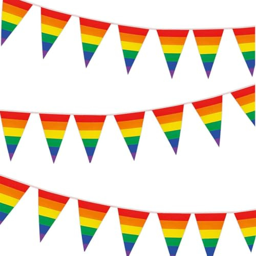 GGUFAY Drapeau de la fierté, drapeau arc-en-ciel, drapeau LGBTQ, peut être utilisé à l'extérieur, drapeau gay fierté résistant aux intempéries avec, 8 Mètres, 25 triangulaire drapeaux
