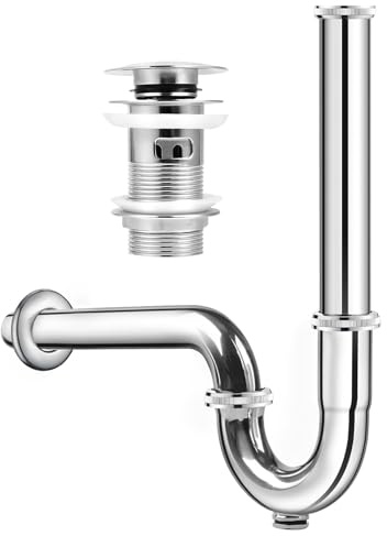 Kit de siphon de lavabo universel, bonde pop-up chromée avec trop-plein, siphon tubulaire pour lavabo (siphon + tamis d'évacuation)
