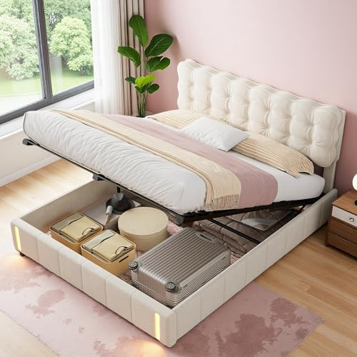 JYNVO Polsterbett 140x200 cm mit Stauraum und LED-Induktionslampe, Bettgestell mit Hydraulischer Hebefunktion, Wellen-Kopfteil aus Samt, Doppelbett Jugendbett, Cremeweiß, ohne Matratze