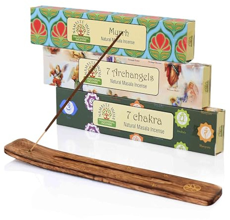 NKlaus Lot de bâtonnets d'encens, 7 chakras, 7 archangels et myrrh, support en bois, nature spirituelle, pour méditation et équilibre
