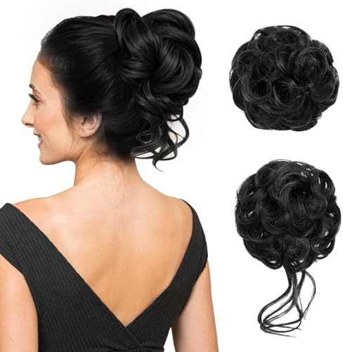 2 Stück Haarteil Mit Gummiband, Dutt Haarteil & Haardutt - Haargummi Mit Haaren für Hochsteckfrisuren, Voluminöse Haarverlängerung Schwarz (schwarz)