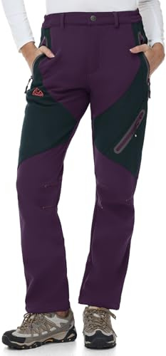 TBMPOY Women's Fleece Lined Ski Snow Pants Waterproof Winter Cargo Hiking Warm Thermal Softshell Insulated Outdoor Pant Purple M