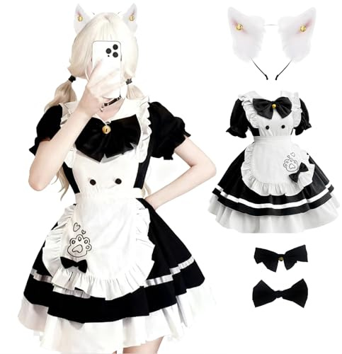 Yunlaishaocer maid dress, fransk maid-outfit, svart-vit maskeradkostym med båge och hårband, söta katter tjänsteflaska kostym klänning för halloween, karnevaler, rollspel (XL)