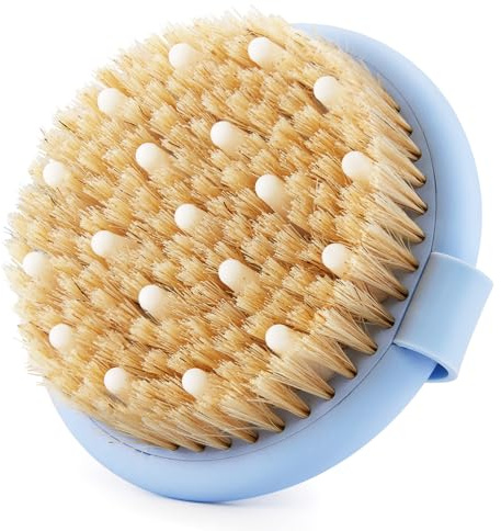 Dry Brushing Body Massage Brush - Natural Boar Bristle Exfoliating Scrubber with Massage Nodes for Lymphatic Drainage, Blood Circulation, Cellulite Improving Skin Health for Women Men Elderly(Blue)
