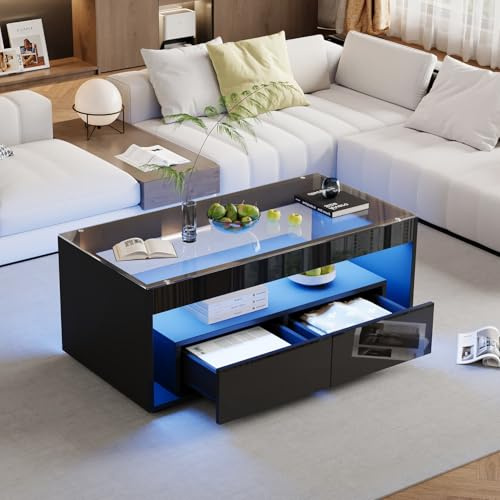 EURHCIO Table Basse Salon Blanche 50x100x40cm,Table D'appoint Brillante,Meuble Bas Rangement avec Lampe LED Réglable,2 Grands Tiroirs,Plateau en Verre,pour Bureaux Appartements (A, Noir)