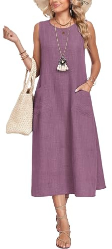 AUSELILY Robe d'Été Femme Midi sans Manches Col Rond à Poches - Robe Longue Légère Vacances Plage