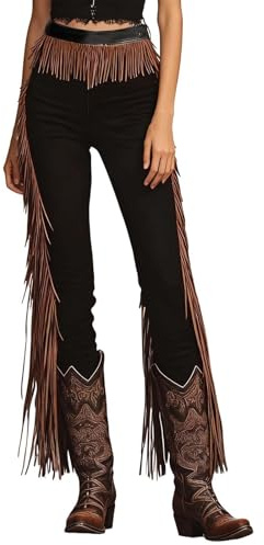 Foweknow Pantaloni da equitazione da donna, da cowgirl, con frange, lunghi, con nappe, vintage, per carnevale, feste, costume occidentale, slim fit, leggings da equitazione, per moto, attività