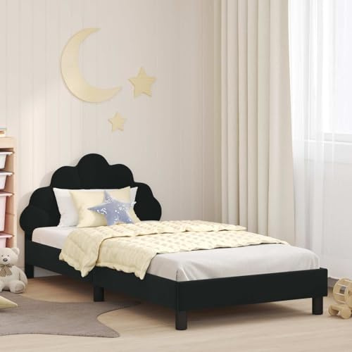 Kaloriko Kinderbettgestell Schwarz 90x190 cm, Samt-Polsterung, Holzwerkstoff, mit Kopfteil-Stauraum, Plattformbett für Schlafzimmer, langlebiges Einzelbett, kein Boxspring erforderlich