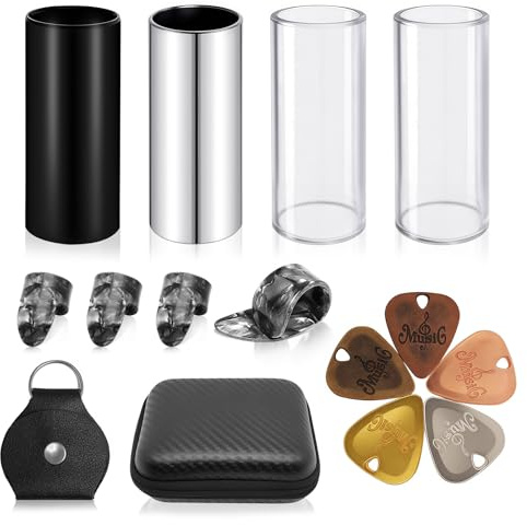TOPUS 4 Pcs Medium Guitar Slide (2 Colors Steel Glides, 2 Pieces Glass Slide), Guitar Accessories Kit Include 5 Pieces Metal Guitar Picks and 4 Pcs Black Plastic Thumb & Finger Picks in Storage Box