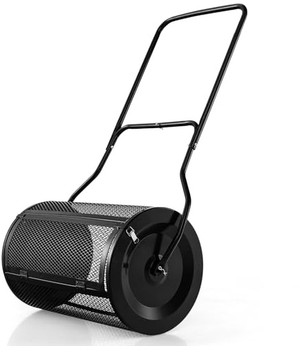 GOPLUS Epandeur de Compost Largeur 60 CM, Capacité 80L, Epandeur Engrais Gazon avec Poignée Ergonomique en U, Panier en Maille avec 2 Loquets Latéraux, pour Entretien du Jardin, Terrasse, Balcon