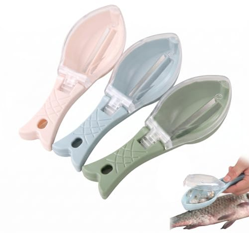 Set 3 Squamatore Pesce con Coperchio Anti-Schizzo, 16cm Raschietto per Squame Professionale per Pulizia Rapida e Pulita, Accessori Cucina per Casa e Ristorante