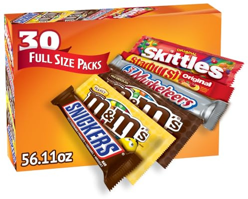 M&M'S, SNICKERS, 3 MUSKETEERS, SKITTLES & STARBURST Variety Pack Full Size Bulk Candy Assortment, 56.11 oz, 30 Bars