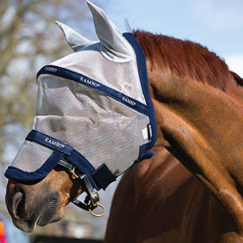 Horseware Rambo Plus Fly Mask Untreated - Silver/Navy, Größe:Kleines Pony