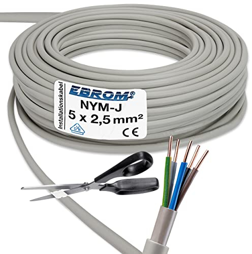 EBROM NYM-J 5x2,5 mm² - Mantelleitung - Installationskabel - Feuchtraumkabel - grau - Auswahl in 5 Meter Schritten, auf den Meter genau geschnitten - Ihre Auswahl: NYM-J 5x2,5 mm2, 15 Meter