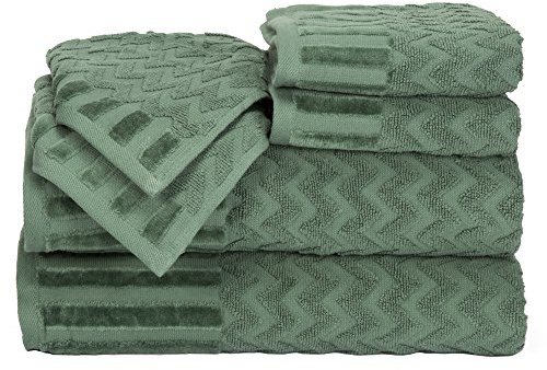 Lavish Home 6-Piece Cotton Deluxe Plush Bath Towel Set – Chevron Pattern Plush Sculpted Spa Luxury Decorative Body, Hand and Face Towels (Green)