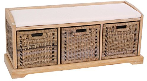 Mendler Sitzbank Bienne, 112x46x37cm - hell | Aufbewahrungsbox, 3 Körbe, Kubu-Rattan-Geflecht