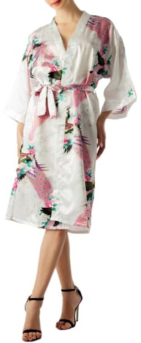 iB-iP Kvinnors Japansk Stil Påfågel Plommonblomma Midi Kimono Morgonrock, Storlek: 38, Vit