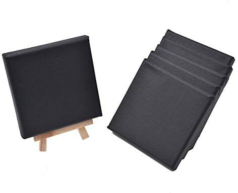 RayLineDo® Set von 6 Stück Mini Künstler schwarz Leinwand Rahmen 10 x 10 cm Öl Wasser Maltafel Flache Canvas mit 1 Mini Holz Display Staffelei