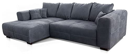 Cavadore Ecksofa Mavericco / XXL Couchecke in Mikrofaser / Mit Kissen / Longchair links / Industrial Style / 285 x 69 x 170 (BxHxT) / Mikrofaser Grau