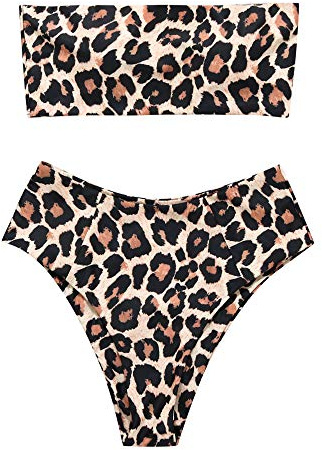 OMKAGI Women's 2 Pieces Bandeau Bikini Swimsuits Off Shoulder High Waist Bathing Suit High Cut(Medium,Apricot Leopard)
