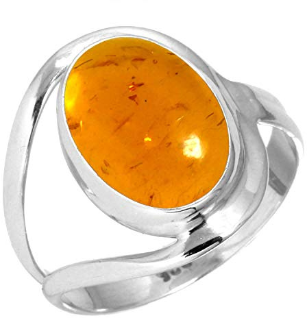 Jeweloporium Anillo de plata con ámbar naranja, talla 26, anillo de plata de ley 925 para mujer, joyería bohemia con piedras preciosas ovaladas