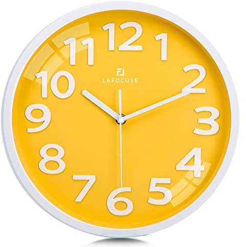 Lafocuse 30cm Orologio da Parete Numeri 3D Grande, Giallo Moderno Silenzioso Facile da Leggere, Orologio da Muro senza Ticchettio per Cucina Camera da Letto Soggiorno Ufficio