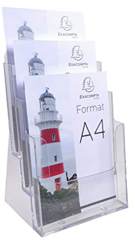 Exacompta - Ref. 74158D - Set of 4 flyer dispensers on table - 3 compartments - Monobloc - Dimensions: Prof. 15.5 x W. 23.7 x H. 33.9 cm - Format to file A4 - Crystal
