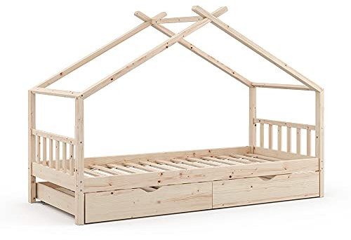 VitaliSpa Hausbett Design, Naturholz, 90x200 cm | mit Gästebett, mit Rausfallschutz und Lattenrost für sicheres Schlafen