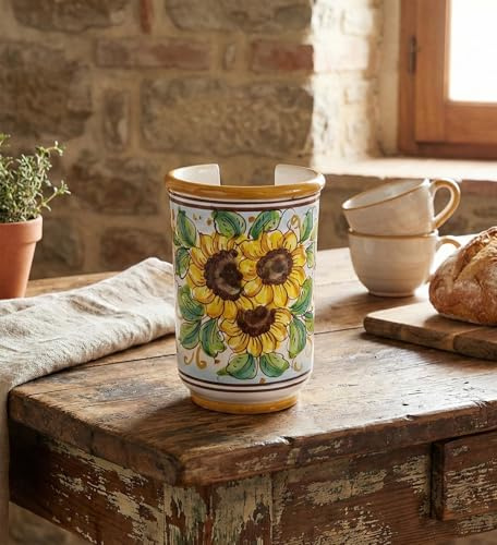 Portabicchieri piccolo in ceramica decorata a mano da ceramisti siciliani di Santo Stefano di Camastra girasole art 18