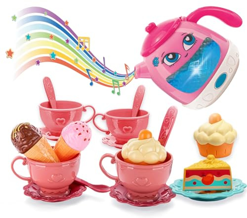Tea Party Set for Little Girls- Musical Teapot Lights up with Songs & Sounds -Interactive Tea Set for Toddlers - Princess Teatime Toys with Dessert- Kids Kitchen Pretend playset - Best Gifts Age 3-8
