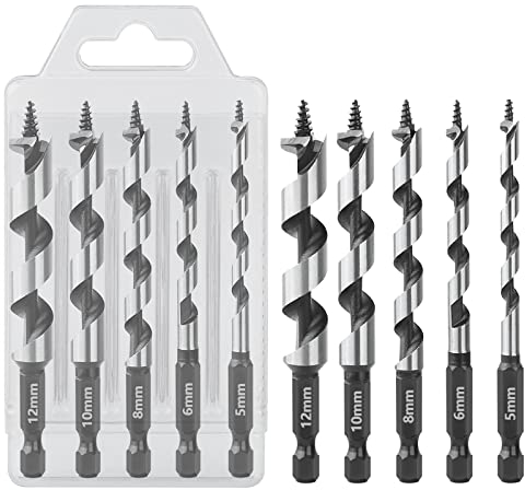 Vearter 5-12mm Ship Auger Drill Bit Kit, 5PCS/Set with 1/4'' Hex Shank,100mm Length for Soft and Hard Wood, Plastic, Drywall and Composite Materials