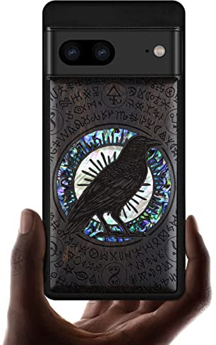 Carveit Designer Wooden Case for Google Pixel 7 Case Protective Cover [Wood Engraving & Shell Inlay] Unique Wood Phone Case Compatible with Wireless Chargers Pixel 7 Case (Witchcraft Raven-Blackwood)