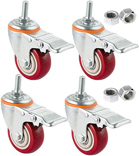 ACiyD 4-teiliges Lenkrollen-Set mit Gewindeschraube, verdickte Polyurethan-Räder, doppelte Kugellager, Lenkrollen für Werkbänke, Maschinentische (75 mm M12, Schwenk x 2 + Bremse x