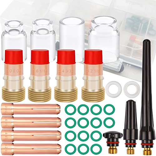 EATBALE Wig Schweißbrenner-Zubehörset für Wig WP-17/18/26, mit Gaslinse Spannzangenkörper 7# - 12# Glasbecher, Stubby Gaslinse, Spannzangenkörper für SR WP 17 18 26 Wig-Schweißbrenner (31 Stück)