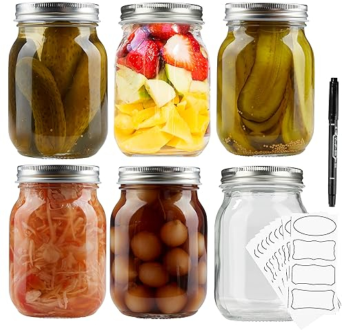 DECO EXPRESS Barattoli Vetro con Coperchio - 6 Barattoli Vetro per Conserve Ermetici con Tappi Etichette Pennarello - Vasetti 500ml per Marmellata Miele Passata di Pomodoro