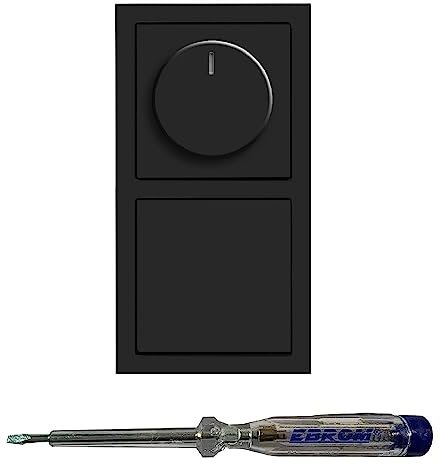 Busch Jäger 6523U-102 LED Drehdimmer Dimmer + Dimmerscheibe 6540-81-102 + Lichttaster 2020 US + 1786-81 in ANTHRAZIT glänzend inklusive EBROM Phasenprüfer zur Montage der Geräte (6523 U – 102)