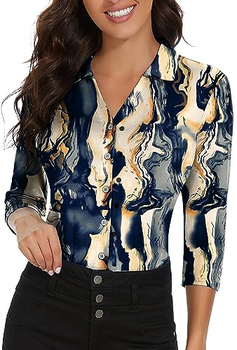 Soneven Poloshirt Damen Langarm 3/4 Arm Golf Polo Oberteil Bluse Damen Sommer Elegant Blusenshirt mit V-Ausschnitt Business Hemdbluse Casual T-Shirt Crack-Druck XL