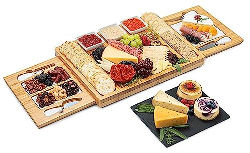Planche À Fromage Et À Viande En Bambou, Planches À Charcuterie En Bambou, Grand Plateau De Service Avec Ustensiles De Service, Plateaux, Bols En Céramique, Pour Soirée Vin, Fêtes, Cadeau De Vacances