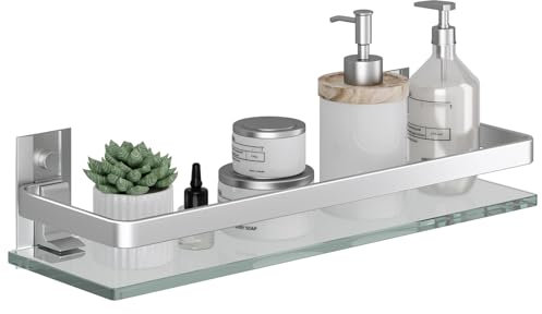 Danpoo Étagère Murale en Verre Tablette Salle de Bain,étagères murales en Verre trempé de 6 mm d'épaisseur pour Salle de Bain avec Support en Aluminium, Organiseur de shampooing, argenté