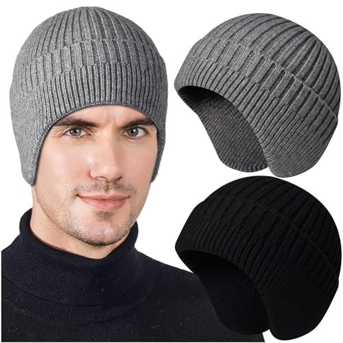 Wintermützen mit Ohrenklappen für Herren und Damen, warme Strickmütze mit Ohrenklappen, dicke Mützen, 2 Stück, #A - Schwarz, Grau, 5-6