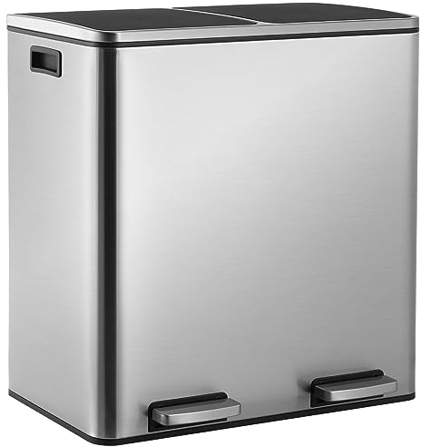Pattumiera Differenziata 2 Scomparti, 60 l (2 x 30 litri) Cestino per Rifiuti da Cucina, con Chiusura Silenziosa, Pedali, in Acciaio Inox, Secchio Interno Staccabile, Grande Pattumiera