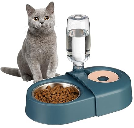 Relaxdays Futternapf mit Wasserspender, Katzen & kleine Hunde, 500 ml Flasche, Edelstahl Katzennapf, rutschfest, blau