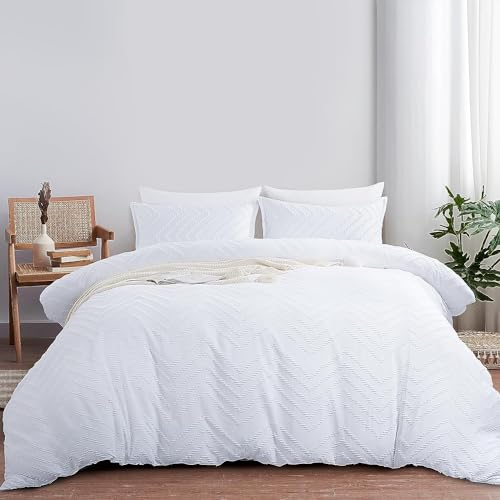 Nyescasa Boho Bettwäsche 135x200 2 Teilig Weiß Getuftet Wellen Bettwäsche-Set Stickerei Shabby Chic Wendebettwäsche Weiche Mikrofaser Bettbezug mit Reißverschluss und Kissenbezug 80x80cm