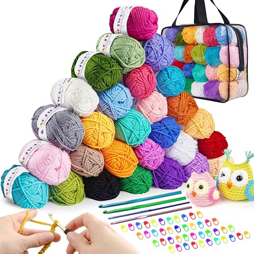 AOTWAN Crochet Yarn Knitting Wool 28Colors x 25g Acrylic Yarn Crochet Wool with Aluminum Crochet Hooks Stitch Markers Yarn for Crochet Kits for Beginners Adults Wool for Crochet Knitting and Crafts