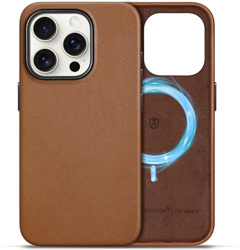 SHIELDON Lederhülle für iPhone 15 Pro 6,1 5G 2023, Sattelbraun | Echtleder, Kabelloses Laden, Kratzfest, Einfach Aussehen, Anti-Fingerabdruck, Dünn Schutzhülle, Handyhülle, Lederhülle